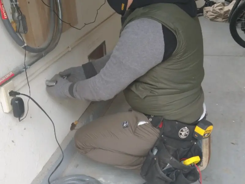 Electrician performing outlet wiring in a Eastwood garage